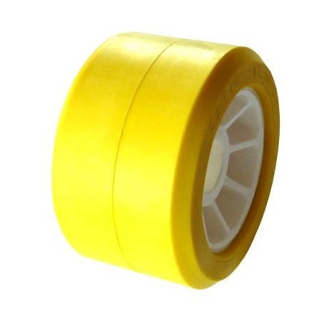 Galet Bi-matière jaune Ø 100mm - L : 50mm  Alésage: Ø 21mm﻿  - Vente accessoires remorques en ligne